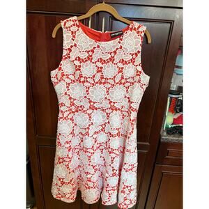 Karl Lagerfeld Coral Dress with White Lace Overlay Size 12